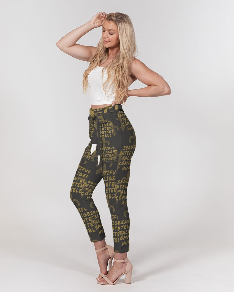 Black Base Women's All-Over Print Belted Tapered Pants