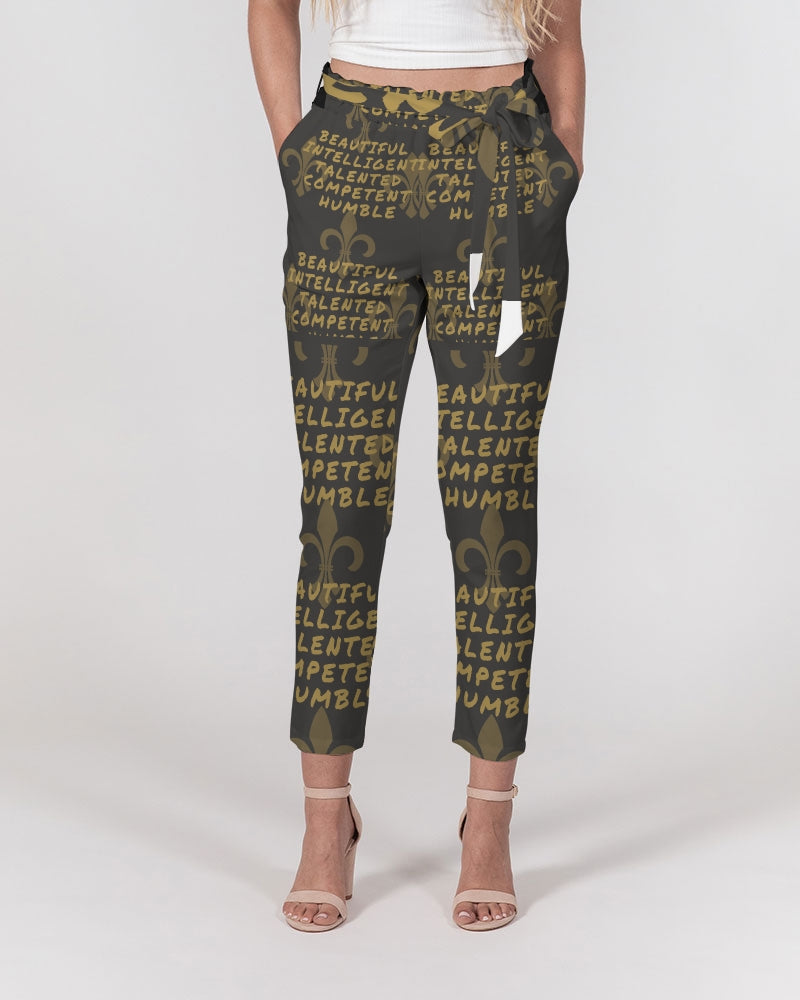 Black Base Women's All-Over Print Belted Tapered Pants