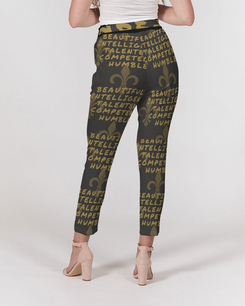 Black Base Women's All-Over Print Belted Tapered Pants