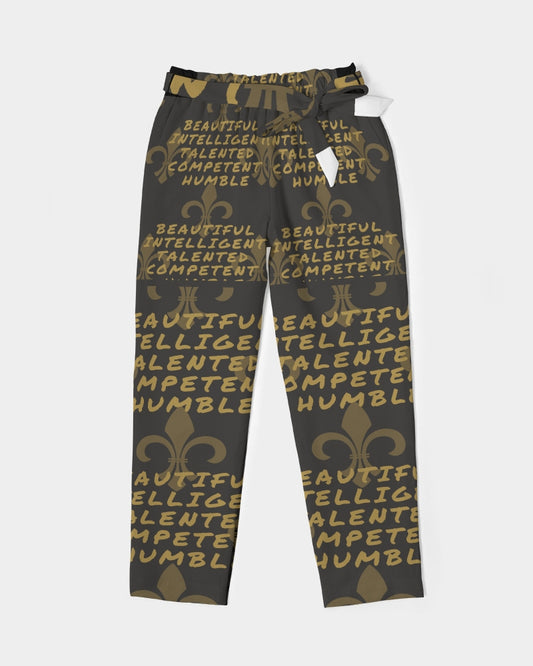 Black Base Women's All-Over Print Belted Tapered Pants