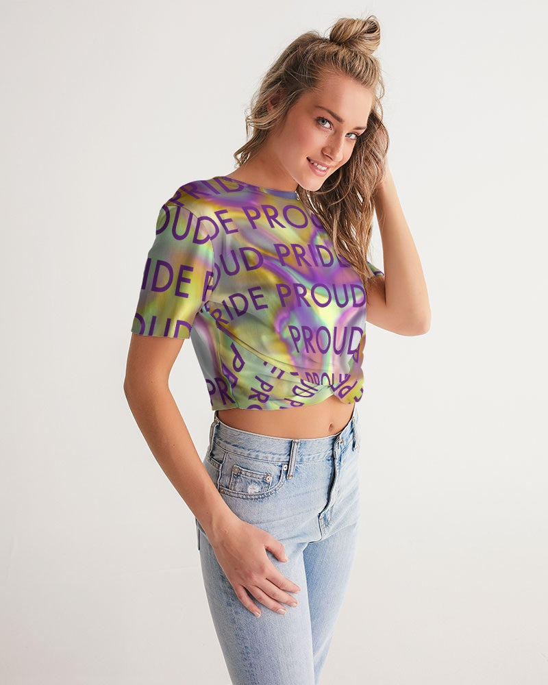 Women's Twist-Front Cropped T Shirt-PRIDE PROUD_Too